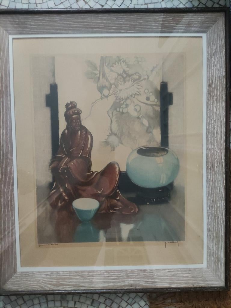Scène japonaise, peinte et dessinée, 130x85, encadrée, Antiquités & Art, Enlèvement ou Envoi