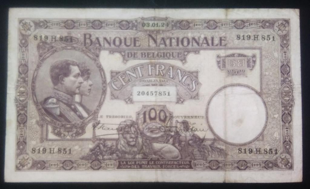 belgie 100 frank/20 belgas nationale reeks paars 03-01-1924, Ophalen of Verzenden, Los biljet