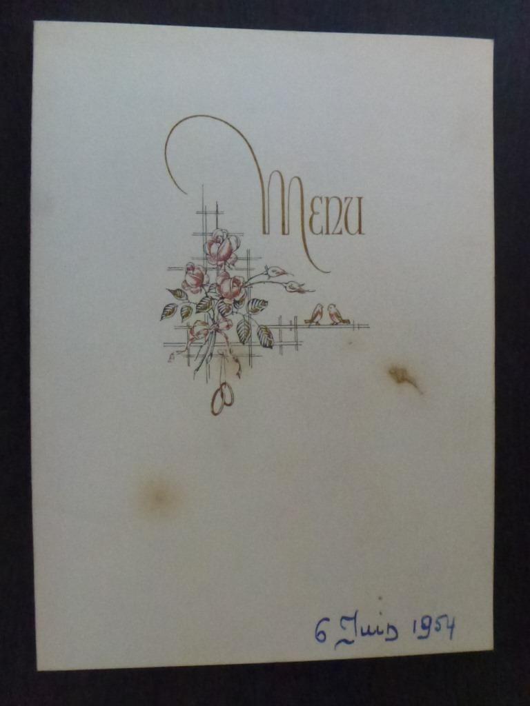 ancien double menu manuscrit 1954, Envoi