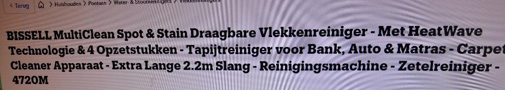 Reiniging machine voor zetels en tapijten, Ophalen, Gebruikt, Reservoir, Waterstofzuiger