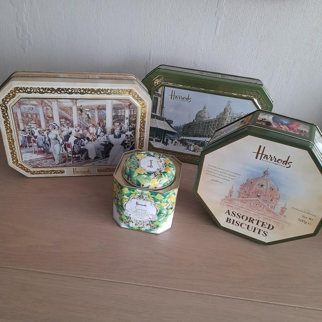 4 blikken dozen  Harrods Londen ( koekjes en thee )., Verzamelen, Blikken, Ophalen, Overige