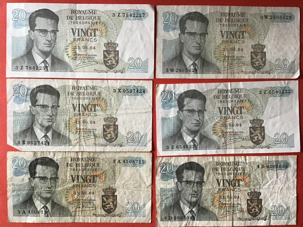 10 biljetten van 20 Fr  Belgie 1964, Postzegels en Munten, Ophalen of Verzenden, Setje