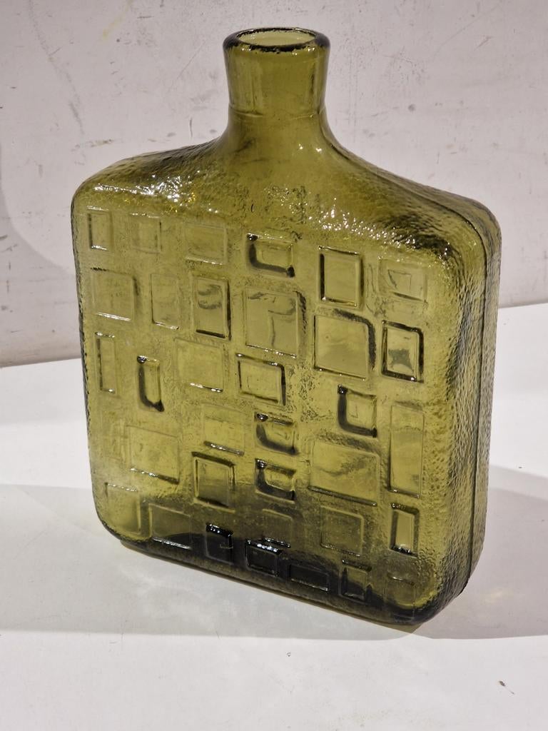 Brutalist empoli glas fles vaas karaf,  olijf groene kleur, Ophalen of Verzenden