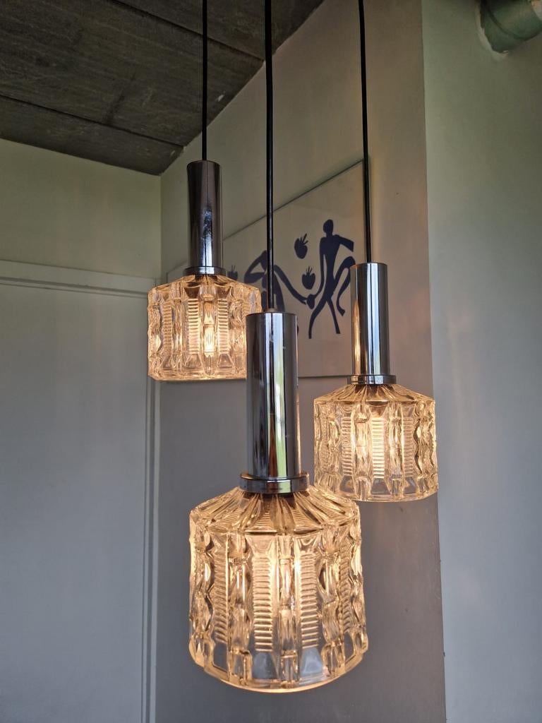 Raak design , jaren 70 , triple zware hanglamp , plafondlamp, Huis en Inrichting, Lampen | Hanglampen, Ophalen of Verzenden, Gebruikt
