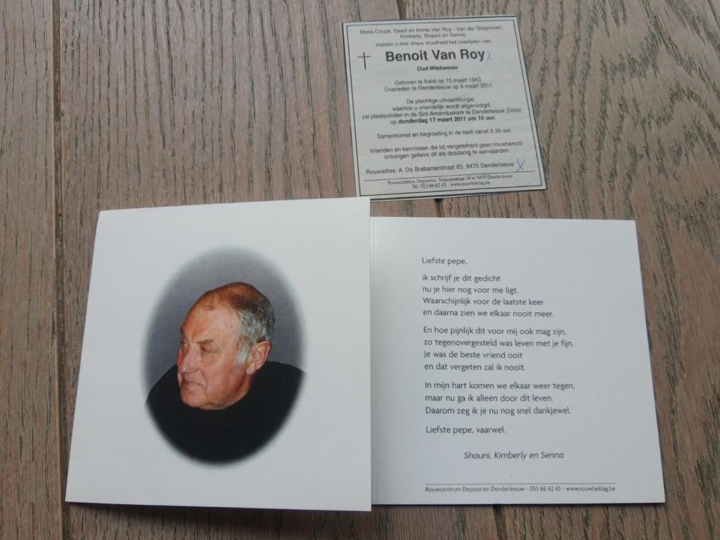 Bp oud-wielrenner Benoit Van Roy, Aalst 1943-Denderleeuw 201, Verzamelen, Bidprentjes en Rouwkaarten, Ophalen of Verzenden