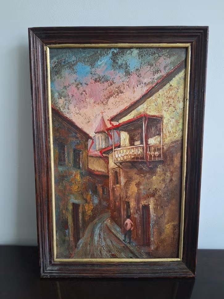 Schilderij: Oude Straat in Mediterrane Stad, Antiek en Kunst, Kunst | Schilderijen | Klassiek, Ophalen of Verzenden, Ingelijst