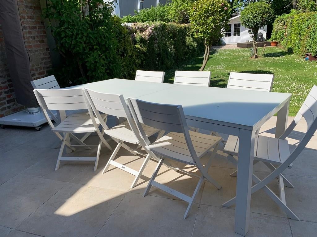 Tuintafel - verlengbaar alu / glas wit + 10 stoelen, Ophalen, Gebruikt, Rechthoekig, Aluminium