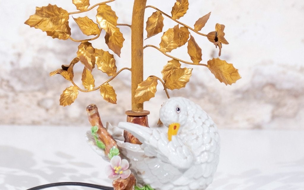 Giulia Mangani porseleinen tafellamp duif, vergulde bladeren, Doré, Vintage, Lampe figurine, Utilisé