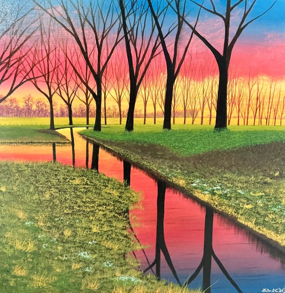 Peinture de paysage - Winterse Polders Sint-Laureins, Antiquités & Art, Bois, Enlèvement ou Envoi, Peinture acrylique, Paysage