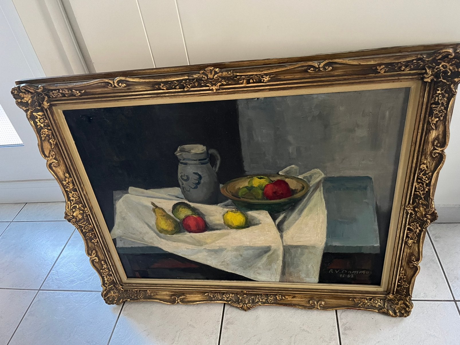 Schilderij stilleven fruit en kruik van R.V. Damme, Antiek en Kunst, Ophalen, Stilleven