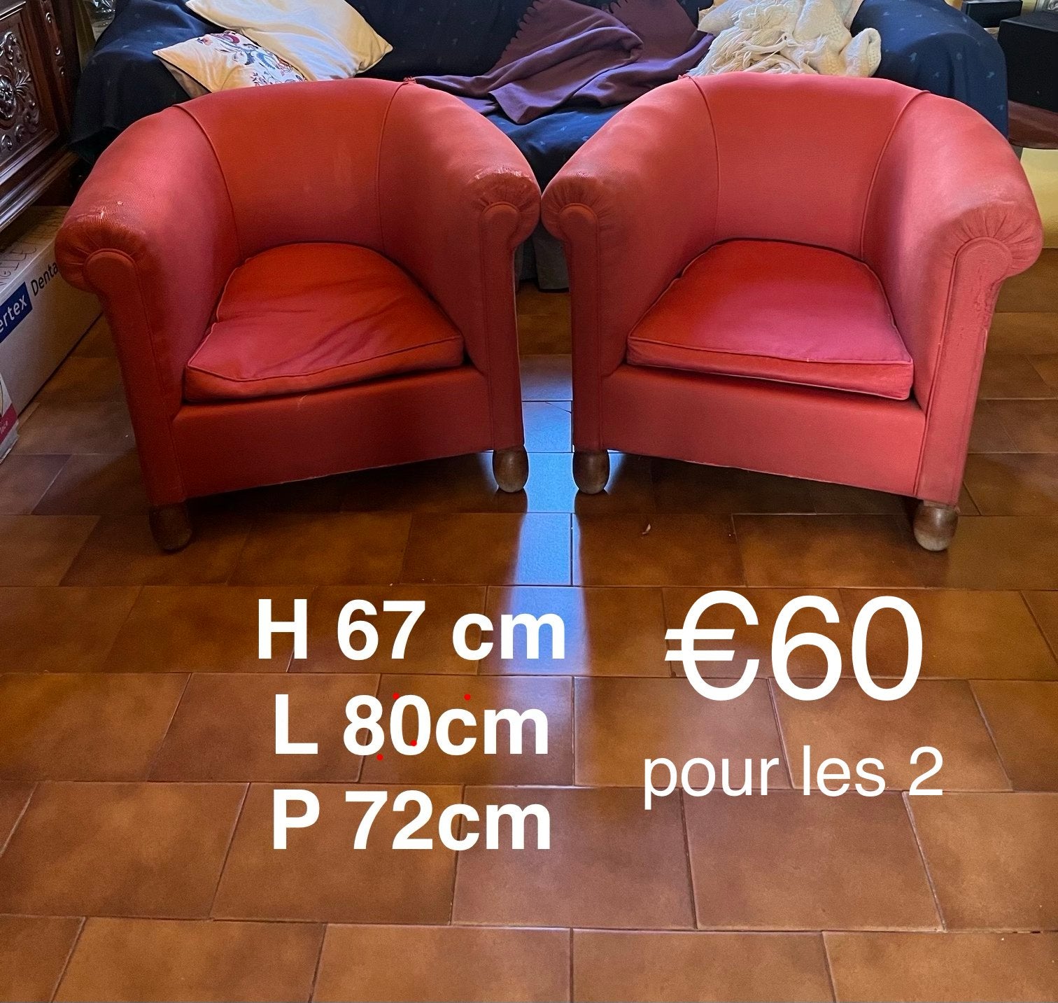 Paire de fauteuils clubs en tissu rouge (Lot de 2), Enlèvement