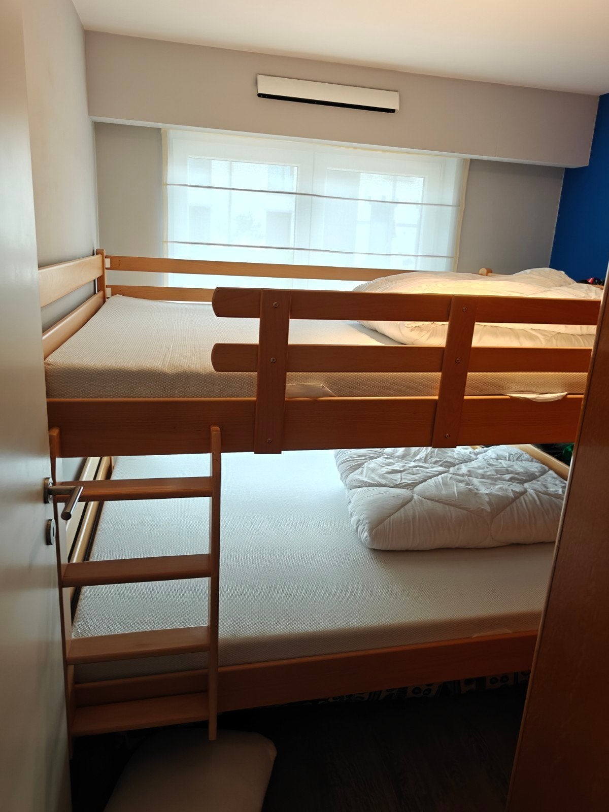 Stapelbed massief beuken 160x200 – 2 Emma matrassen, Huis en Inrichting, Ophalen, Tweepersoons, Zo goed als nieuw, 200 cm