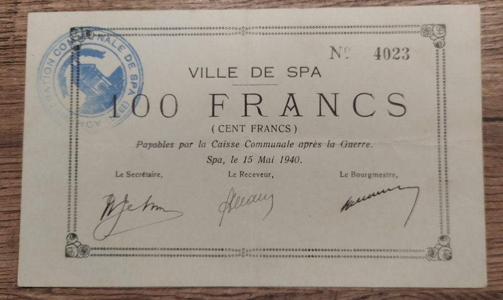 Argent d'urgence Ville de Spa - 100 Francs - 15 Mai 1940, Enlèvement ou Envoi, Billets en vrac