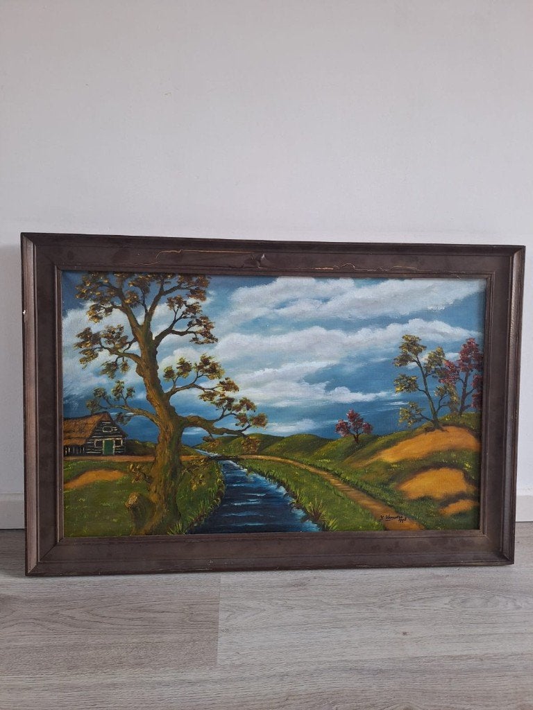 Schilderij Landschap met Bomen en Water - J. Veenstra 1999, Antiek en Kunst, Kunst | Schilderijen | Klassiek, Ophalen of Verzenden