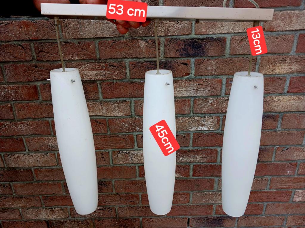 Lustre inox avec 3 globes opalines, Enlèvement ou Envoi, Utilisé, Verre, Contemporain
