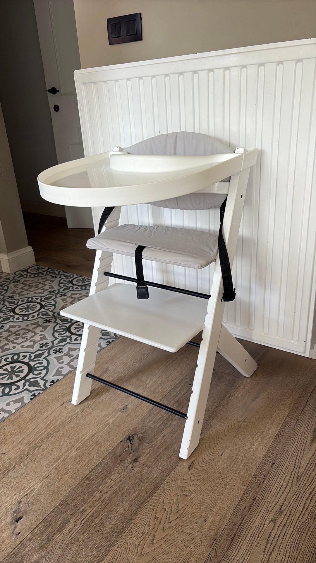 Trip trap stokke gebruikt maar goede staat incl eet tafeltje, Ophalen, Zo goed als nieuw, Meegroeistoel, Afneembaar eetblad
