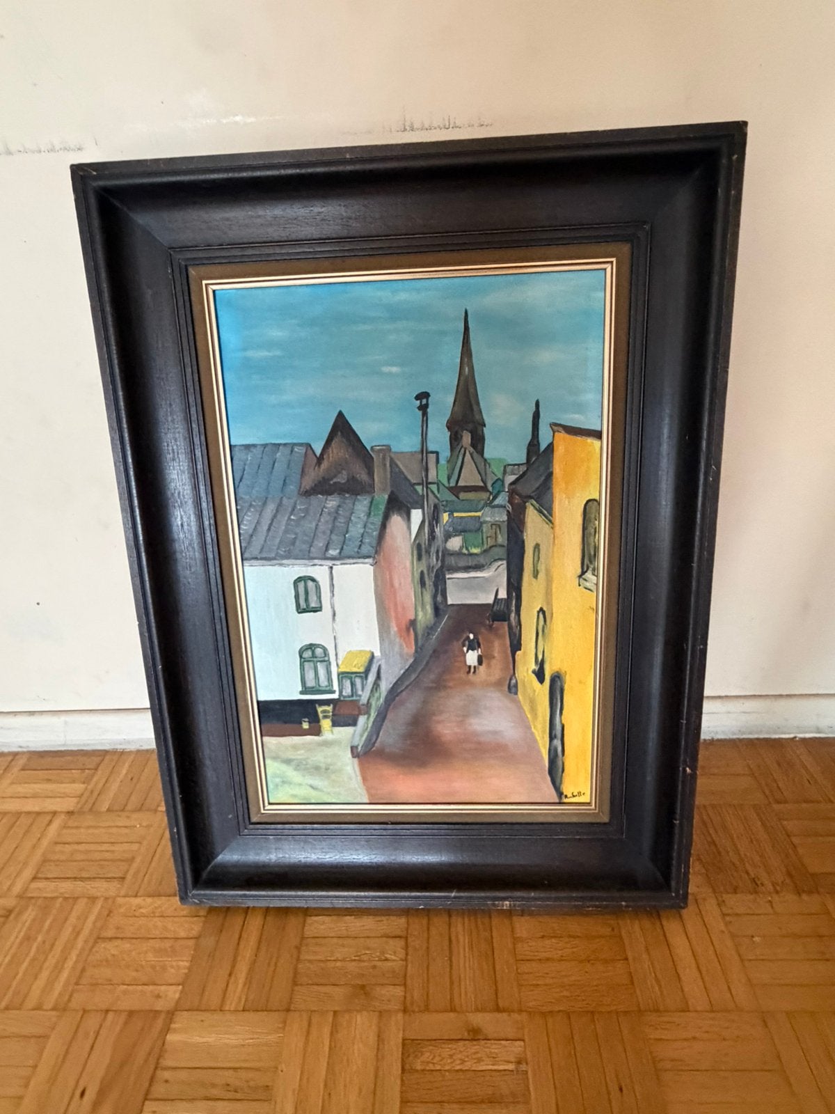 Olieverfschilderij – Stadsgezicht met Kerktoren, Antiek en Kunst, Ophalen of Verzenden, Vintage, Doek