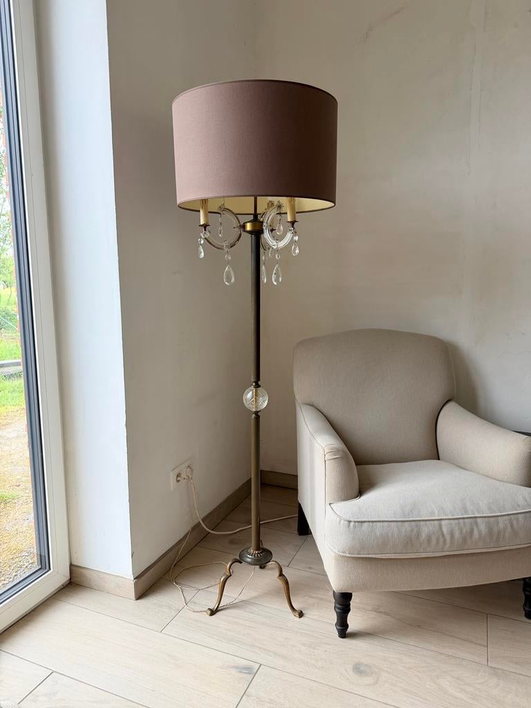 Vintage bronzen en kristallen vloerlamp, Ophalen, Gebruikt