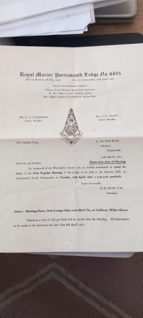 Royal Marine Portsmouth Lodge n° 6423 20/3/1965, Enlèvement ou Envoi