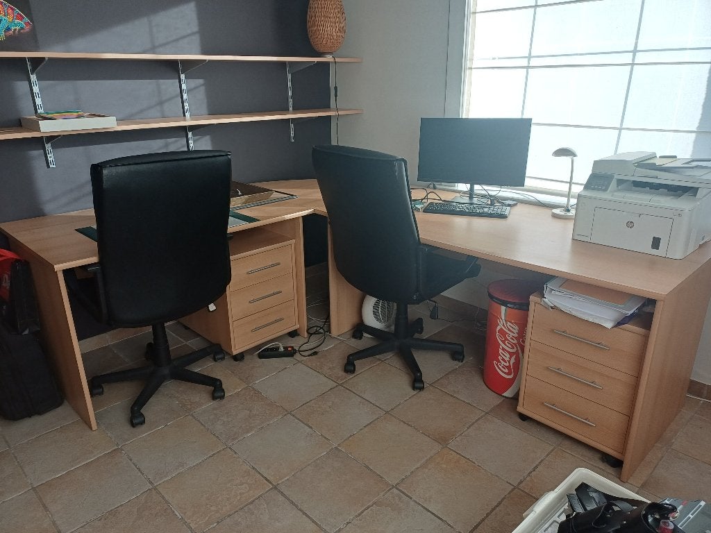 Hoekbureau 200cmx80cm, inclusief 2 x rol ladekast, Huis en Inrichting, Ophalen, Gebruikt, Hoekbureau, Bruin