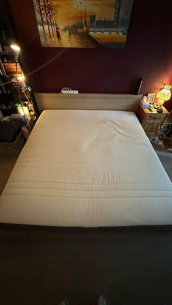 Lit Ikea Malm, matelas (180x200), sommier à lattes (90x200), Maison & Meubles, Chambre à coucher | Lits, Beige, Enlèvement, Utilisé