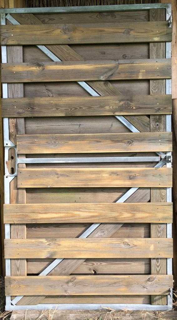 Houten met metaal versterkte deur., Jardin & Terrasse, Portes de jardin, Neuf, Portail battant, Moins de 100 cm, Bois