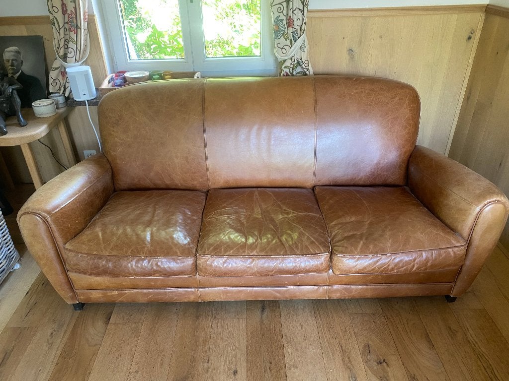 lederen 3 zitsbank Maison du monde cognac bruin, Huis en Inrichting, Ophalen, Gebruikt, 150 tot 200 cm, Vintage