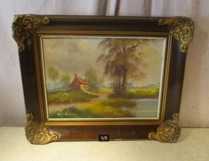 Belle œuvre peinte ancienne 'Rivière et ferme' - signée, Enlèvement ou Envoi, Peinture à l'huile, Paysage, Encadré