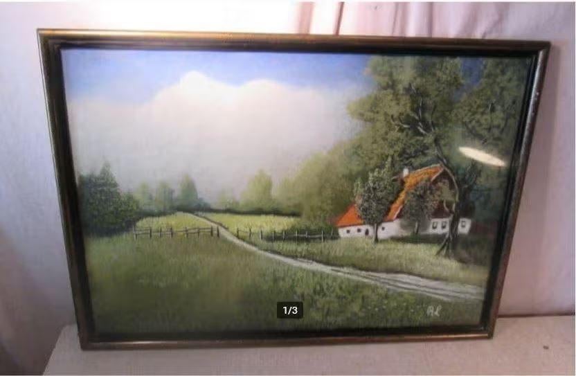 Prachtige Oude Pastelkrijt Tekening 'Boerderij en Wei' - RL, Ophalen of Verzenden