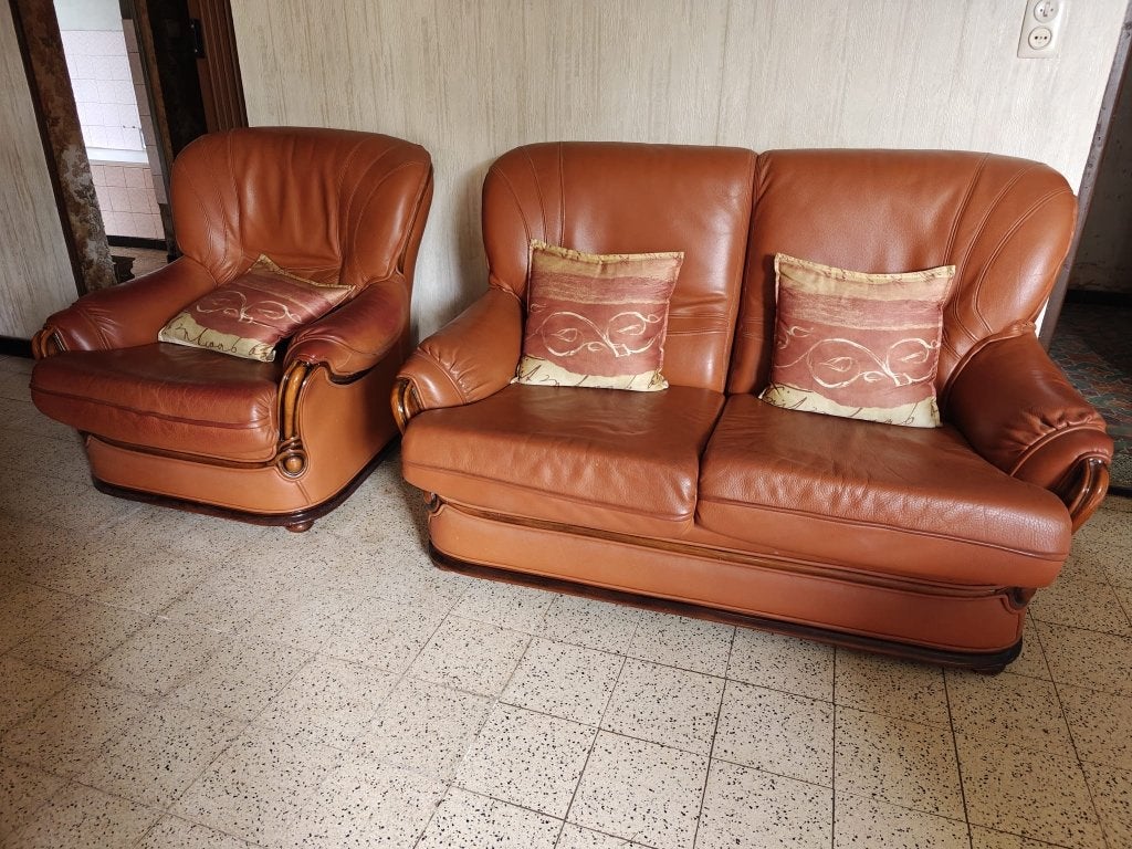 Cognac Lederen Salon, Huis en Inrichting, Zetels | Zetels, Ophalen, Gebruikt, Driepersoons, Leer