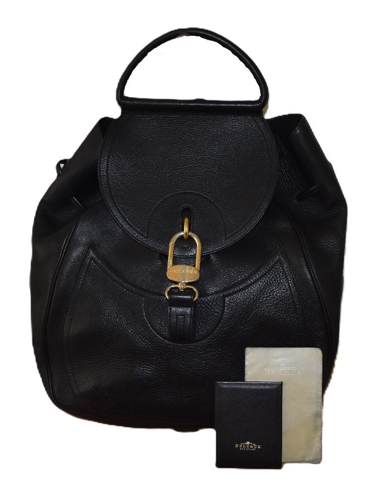 Delvaux Lucifer backpack in zwart leer + spiegel/certificaat, Overige merken, Gebruikt, Info@floreca.be, Zwart