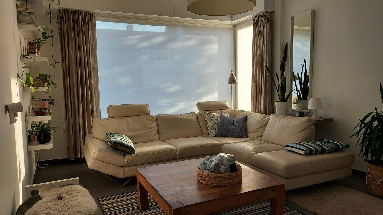 Beige leren zetel - afhalen voor. 15/7, Huis en Inrichting, Ophalen, 250 tot 300 cm, Gebruikt, Hoekbank