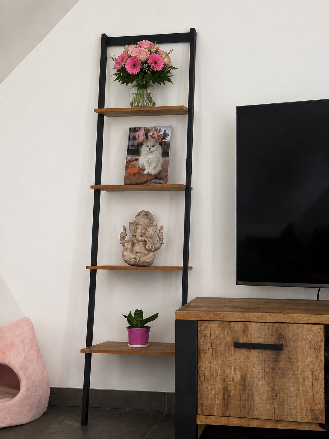 Houten ladderrek / decoratief wandrek zwart-hout, Huis en Inrichting, Kasten | Wandmeubels, Ophalen, Zo goed als nieuw