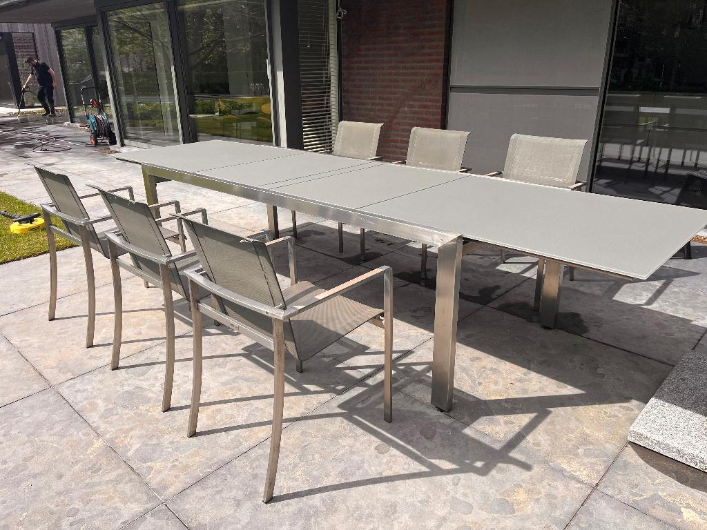 Uitschuifbare tuintafel inox + 6 inox stoelen, Tuin en Terras, Tuinsets en Loungesets, Ophalen, Inox, Gebruikt, 6 zitplaatsen