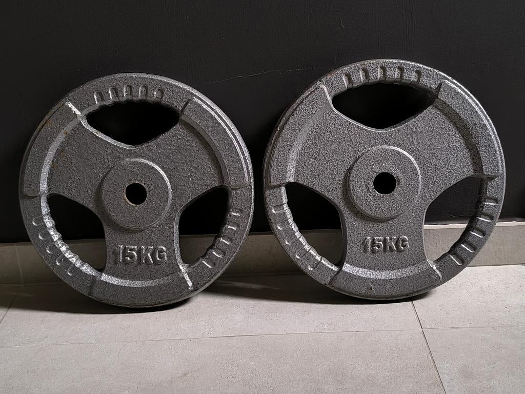 2 x 15kg plaques de musculation (30mm)., Enlèvement, Utilisé, Bras, Plaques d'haltères