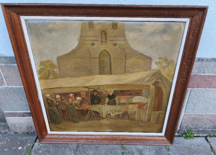 Huile sur toile marchant de tissu signe romeo dumoulin, Antiquités & Art, Enlèvement, Toile