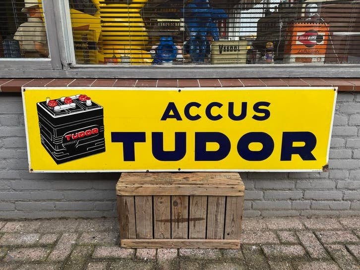 Vintage Emaille Reclamebord Accu Tudor, Antiek en Kunst, Ophalen