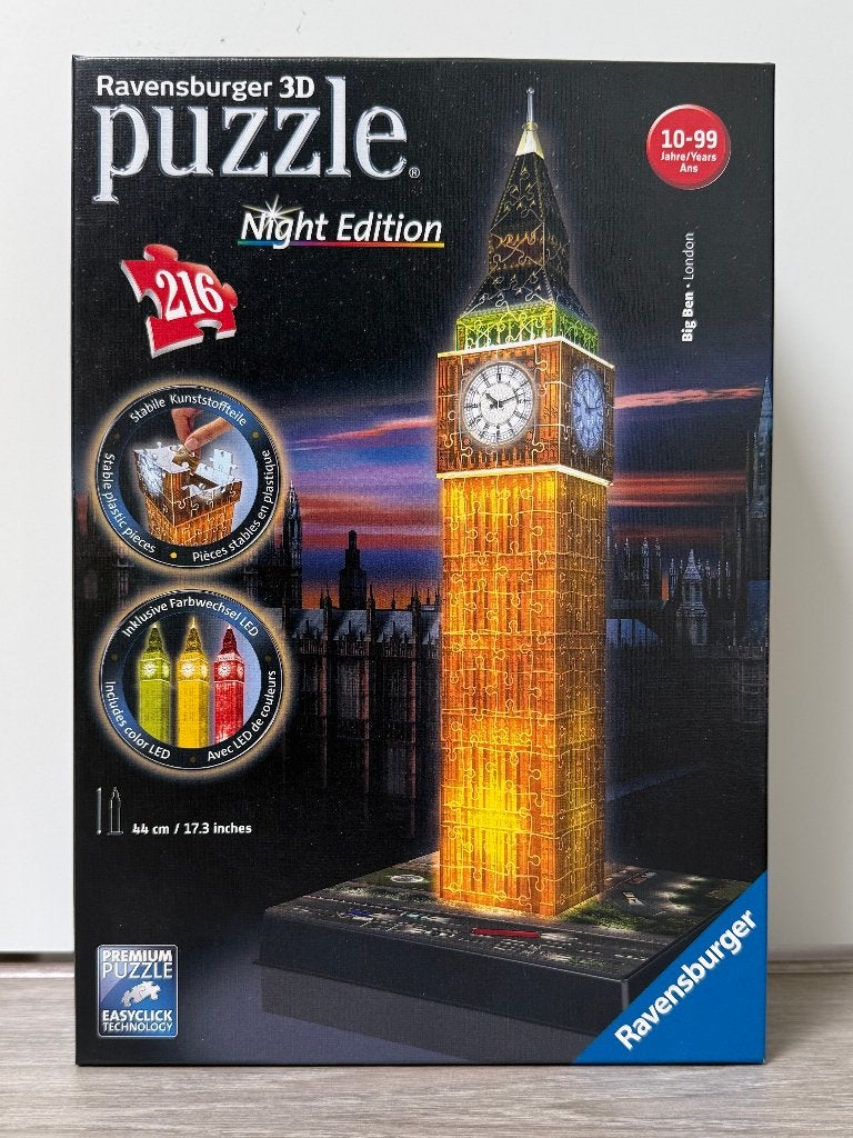 3D puzzel Big Ben - night edition, Hobby en Vrije tijd, Denksport en Puzzels, Zo goed als nieuw, Rubik's of 3D-puzzel, Minder dan 500 stukjes