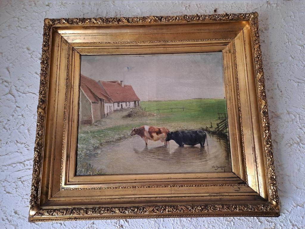 Schilderij Frans Bakker " Koeien bij Hoeve", Ophalen of Verzenden
