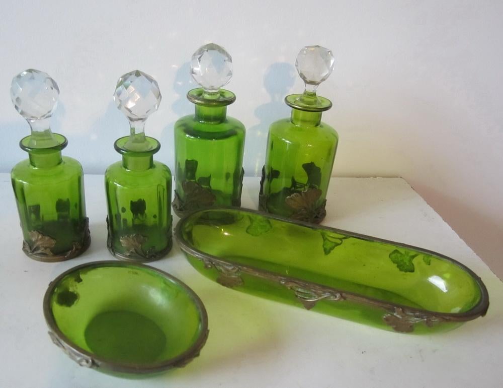 Antieke art nouveau vanity set in bronzen houders, ca 1900, Antiek en Kunst, Verzenden