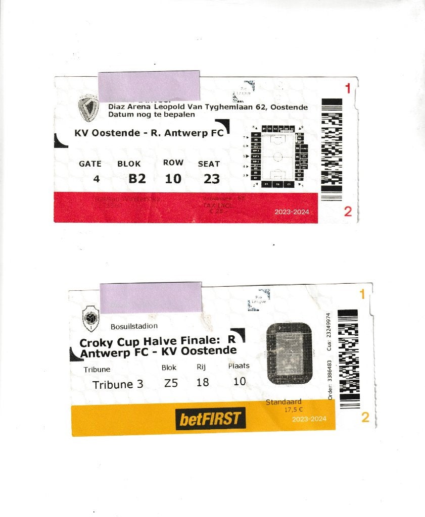 2 tickets Antwerp-Oostende : Croky Cup, 1/2 finale 2024, H/T, Ophalen of Verzenden, Gebruikt, Overige typen