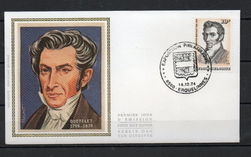 Année 1974 : FDC 1742 soie - Adolphe Quetelet, Timbres & Monnaies, Timbres | Europe | Belgique, Enlèvement