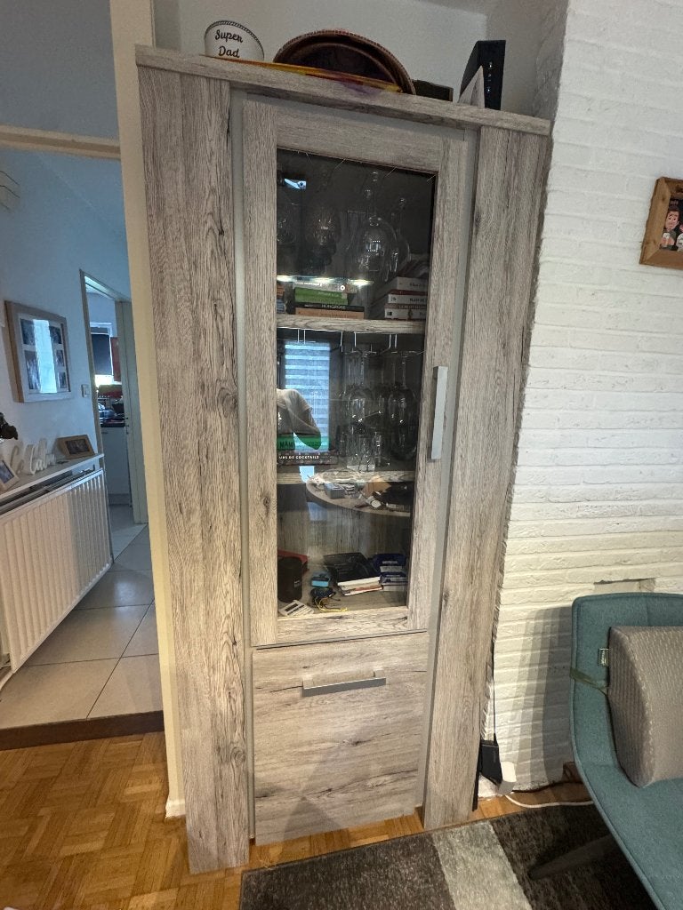 Vitrine/armoire effet bois clair grisé, Huis en Inrichting, Kasten | Vitrinekasten, Ophalen, 50 tot 100 cm, Zo goed als nieuw
