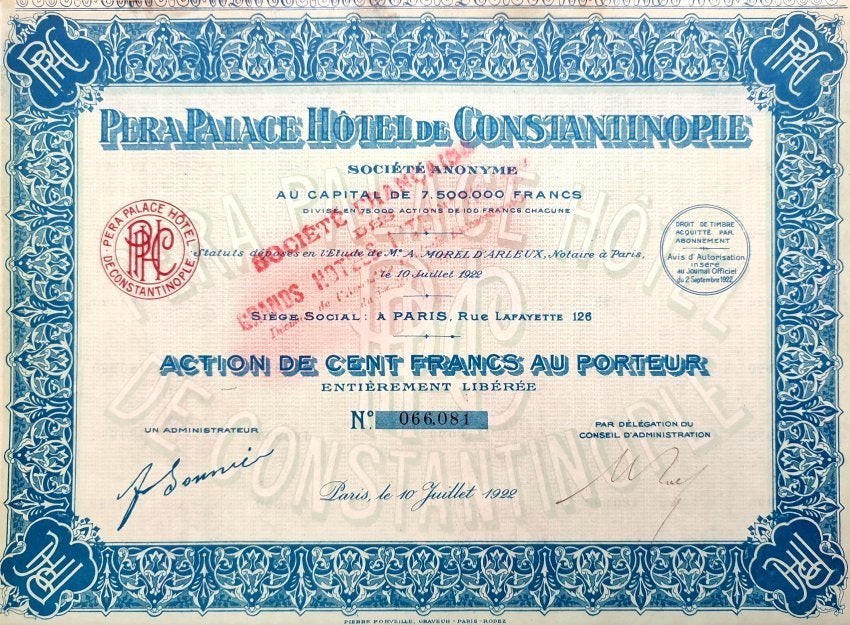 Pera Palace (Agatha Christie) Hôtel de Constantinople 1922, Postzegels en Munten, Aandelen en Waardepapieren, Ophalen of Verzenden
