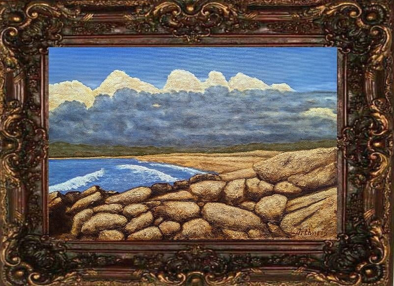 "Geheim strand achter een stapel stenen", Antiek en Kunst, Verzenden
