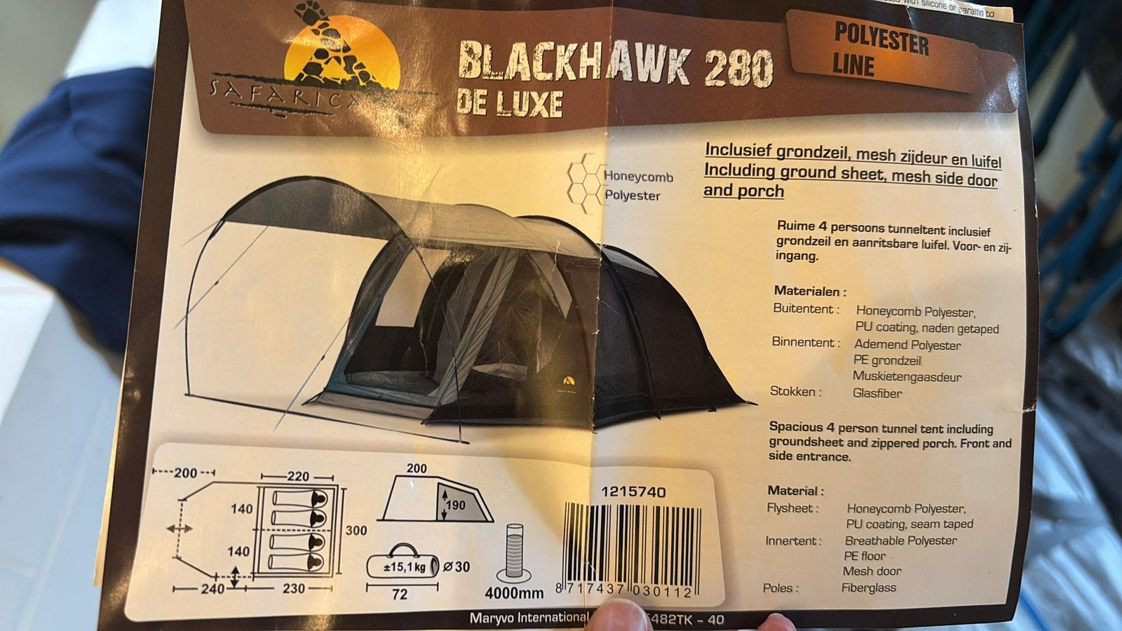 Safarica Blackhawk 280 De Luxe – 4-persoons tunneltent, Caravans en Kamperen, Ophalen, Zo goed als nieuw