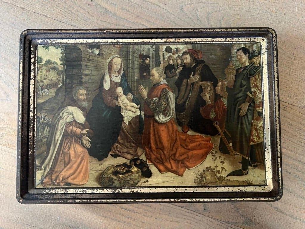 Vintage DBF koekblik-Hugo vd Goes (Portinari-altaarstuk), Verzamelen, Ophalen of Verzenden, Gebruikt, Koek(jes), Overige merken