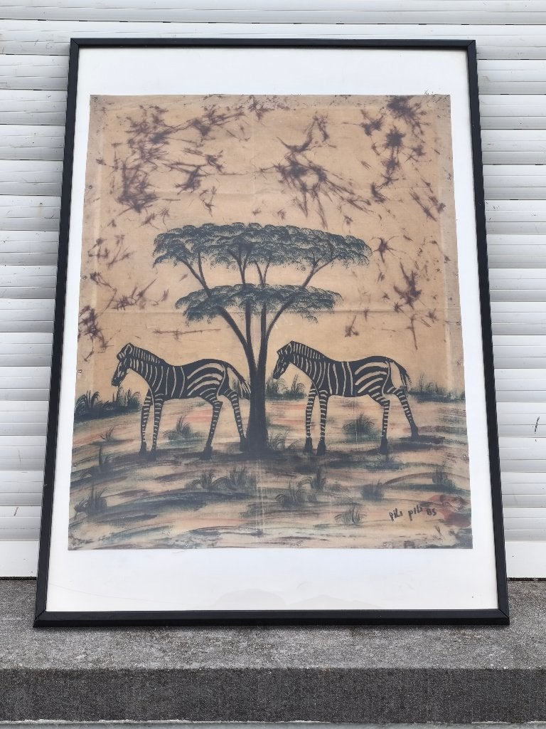 huile sur tissu africain signe Mulongoy Pili Pili, Antiek en Kunst, Kunst | Schilderijen | Klassiek, Ophalen of Verzenden, Doek