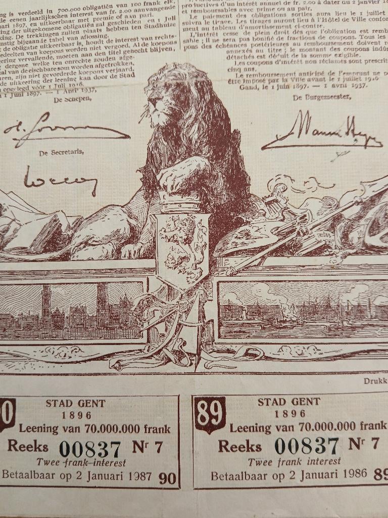 Obligatie Stad Gent 1896, Postzegels en Munten, Aandelen en Waardepapieren, Ophalen of Verzenden