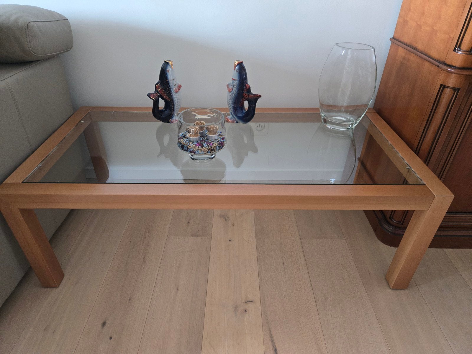 Belle table basse cerisier avec plateau verre, parfait état, Maison & Meubles, Enlèvement ou Envoi, Comme neuf, Rectangulaire